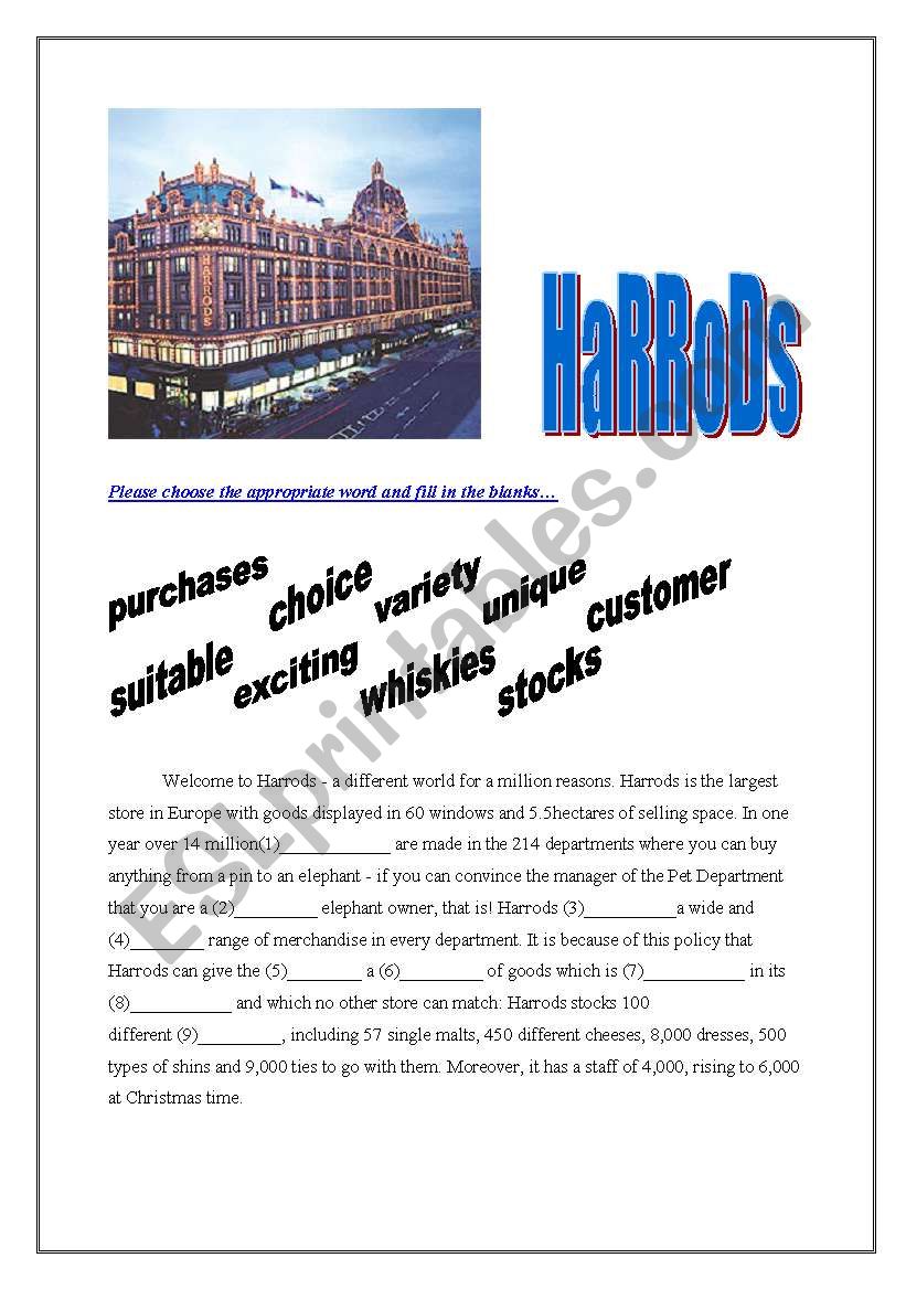 5 pages -A reading passage about Harrods with questions + fill in the blanks section [vocabulary practice ]